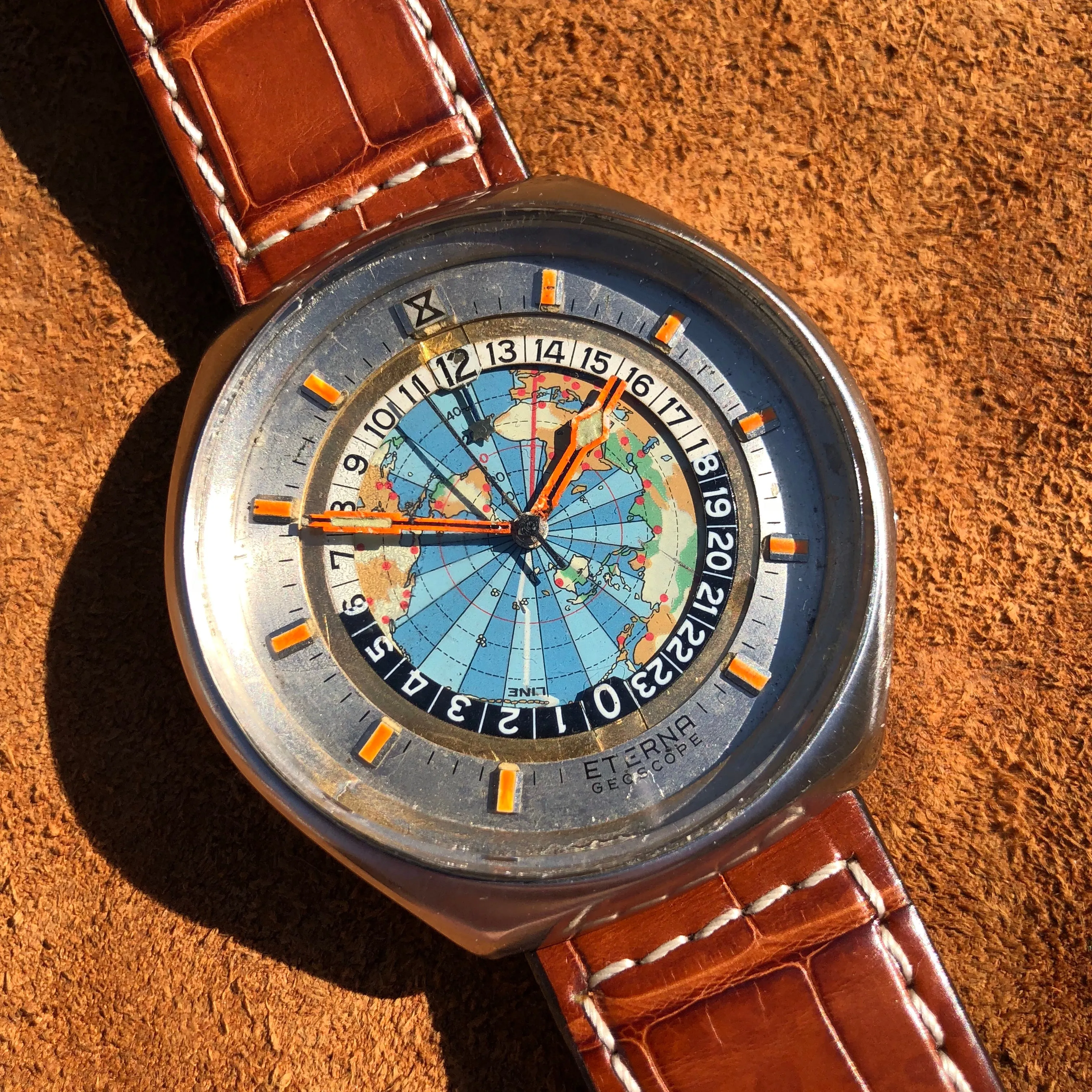 Vintage Eterna Geoscope GMT Stainelss Steel Automatic 48mm World Map Wristwatch