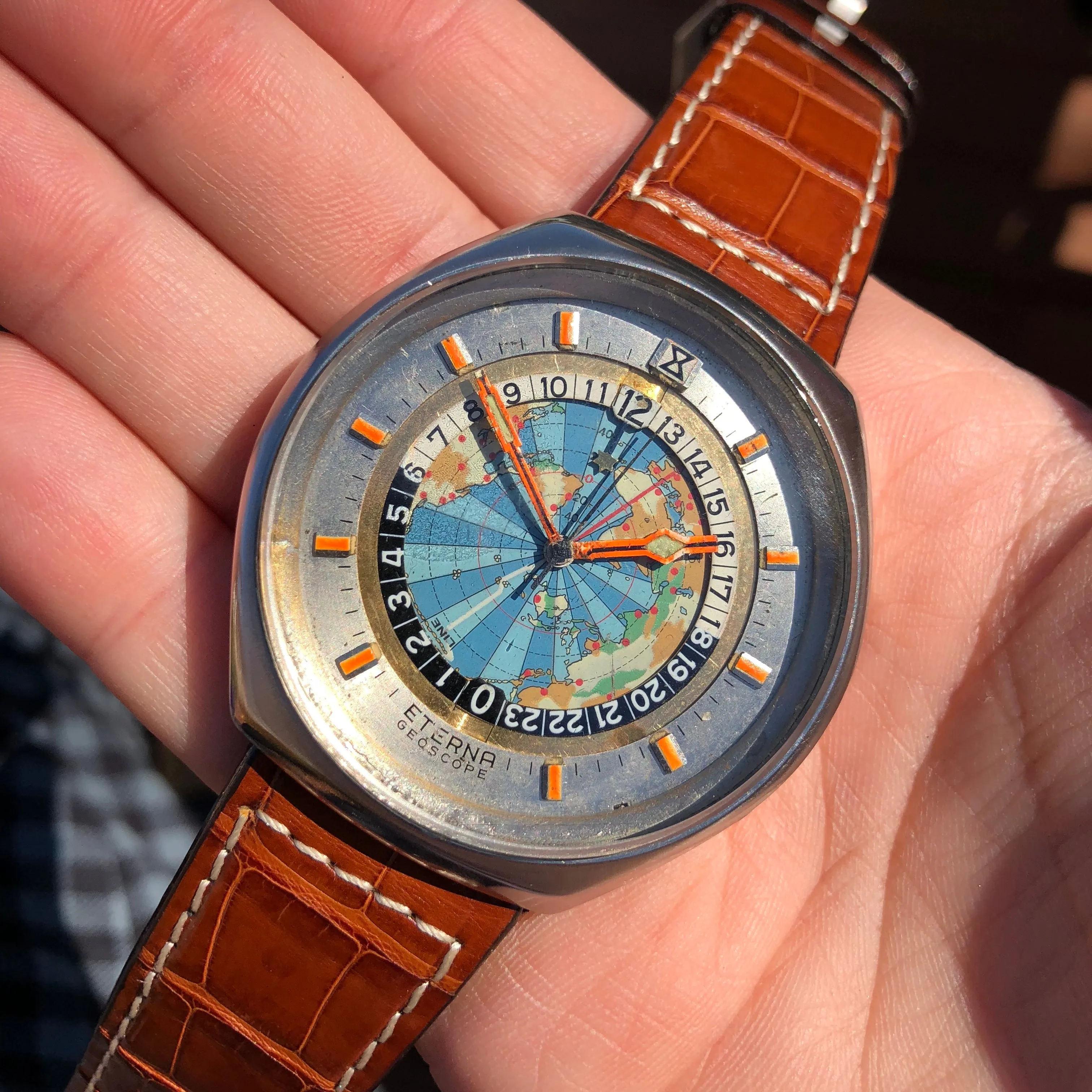 Vintage Eterna Geoscope GMT Stainelss Steel Automatic 48mm World Map Wristwatch