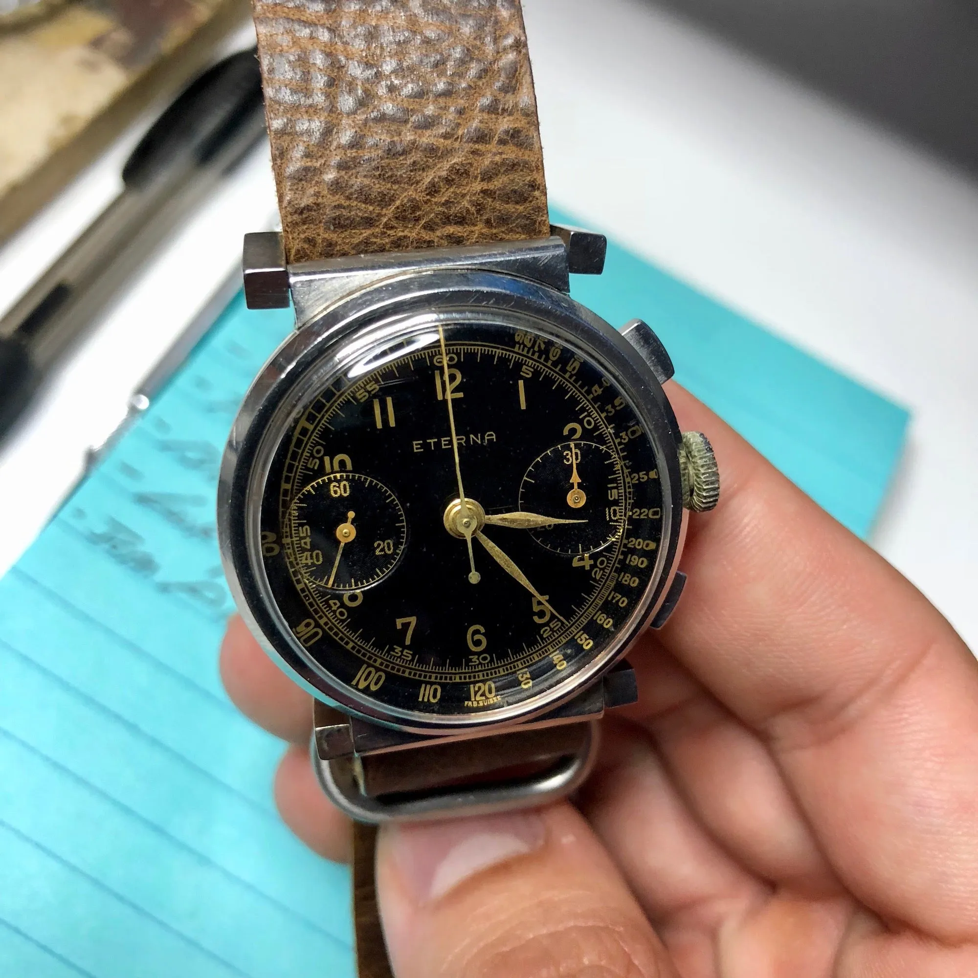 Vintage Eterna Stainless Steel Gilt Chronograph Flexible Lugs Manual Wind 35mm Wristwatch