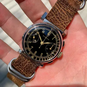 Vintage Eterna Stainless Steel Gilt Chronograph Flexible Lugs Manual Wind 35mm Wristwatch