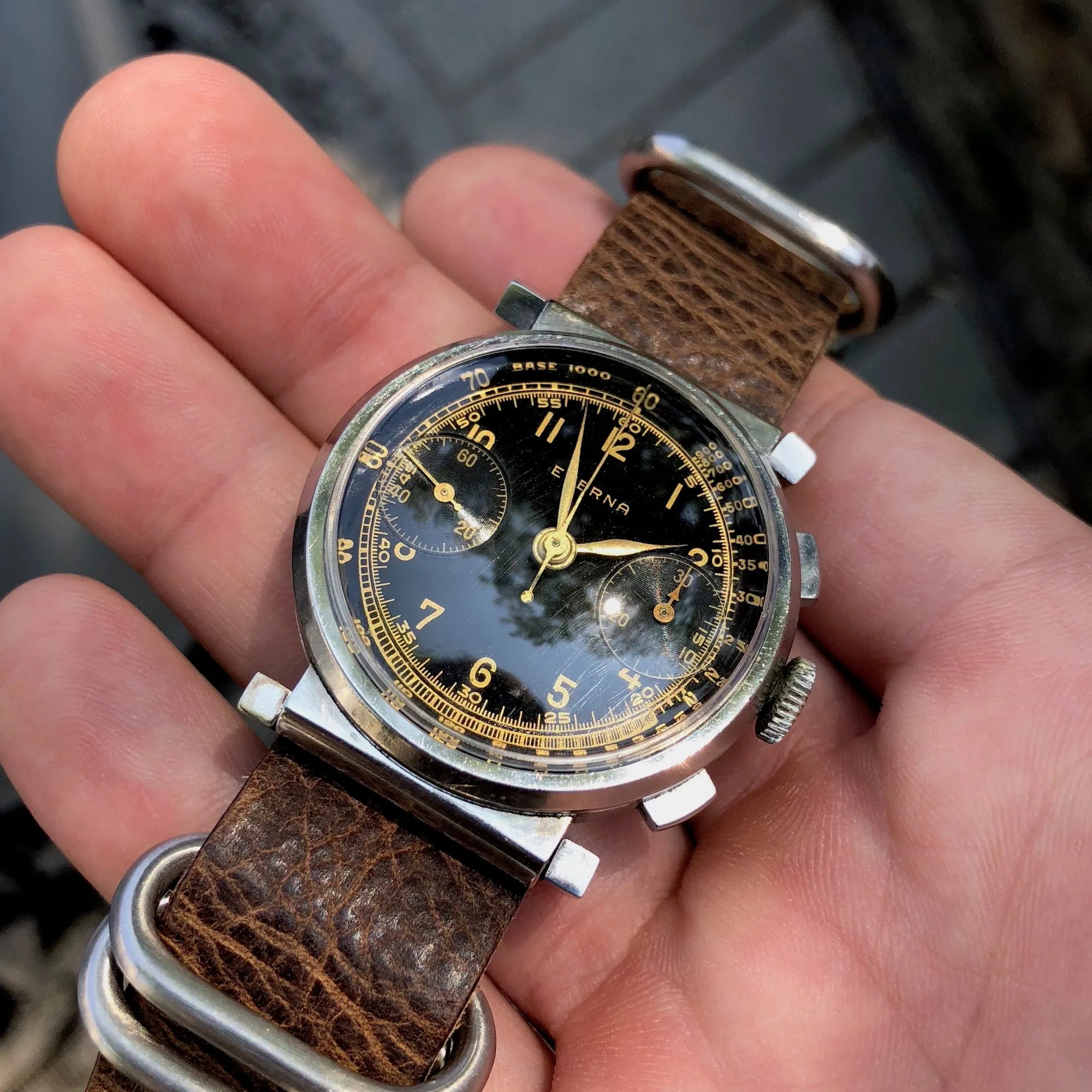 Vintage Eterna Stainless Steel Gilt Chronograph Flexible Lugs Manual Wind 35mm Wristwatch