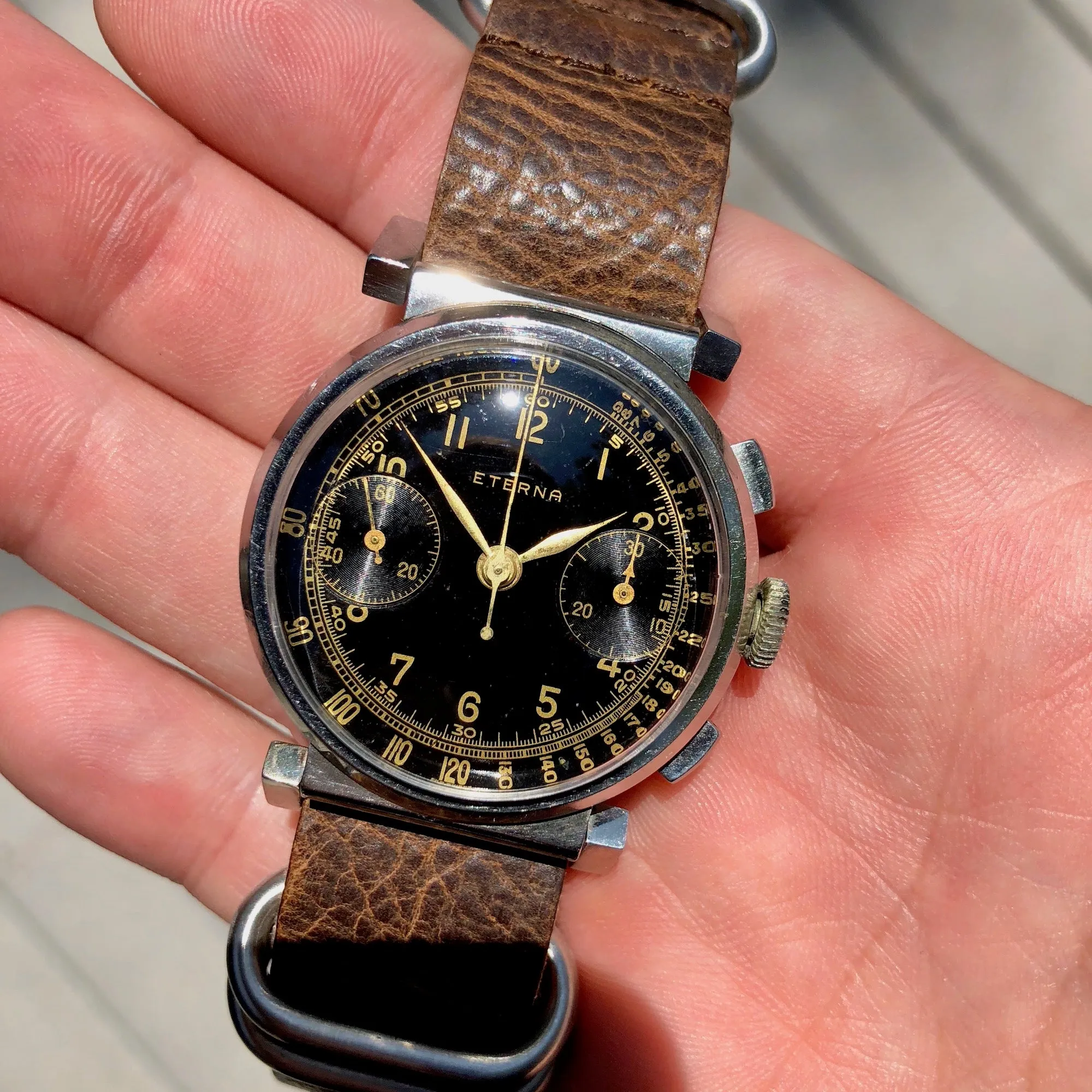 Vintage Eterna Stainless Steel Gilt Chronograph Flexible Lugs Manual Wind 35mm Wristwatch