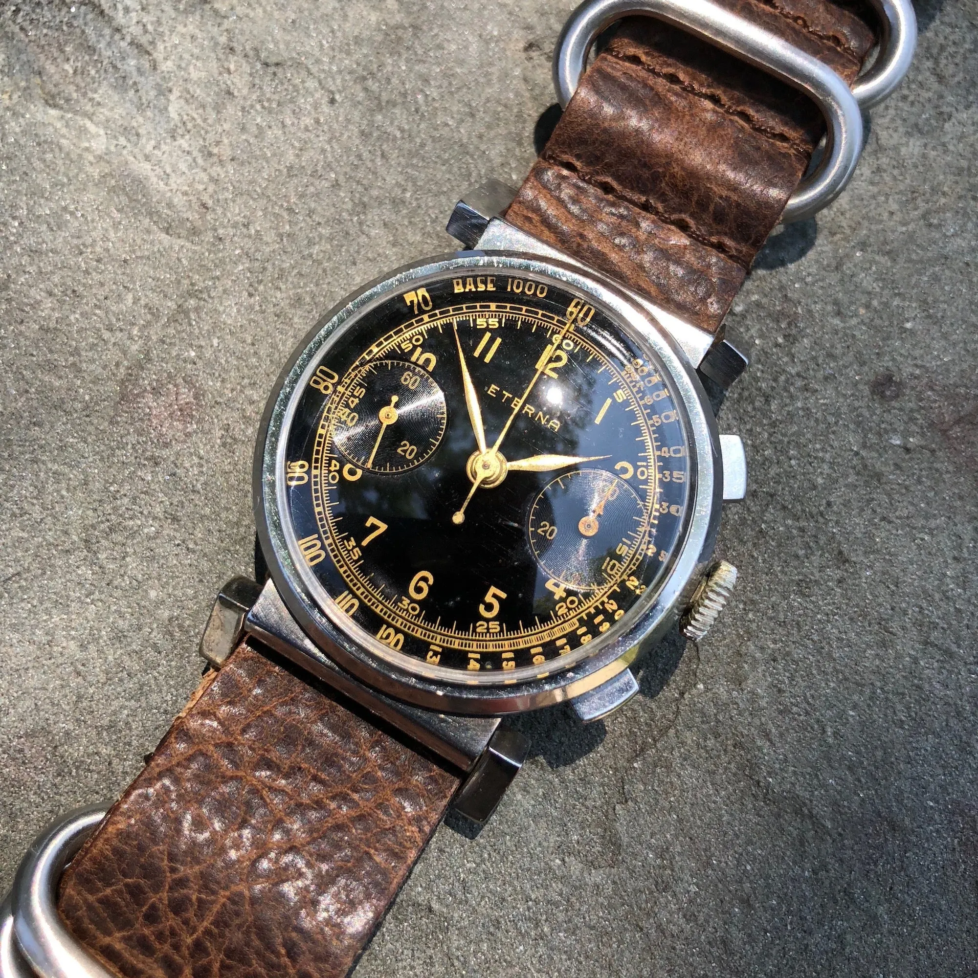 Vintage Eterna Stainless Steel Gilt Chronograph Flexible Lugs Manual Wind 35mm Wristwatch