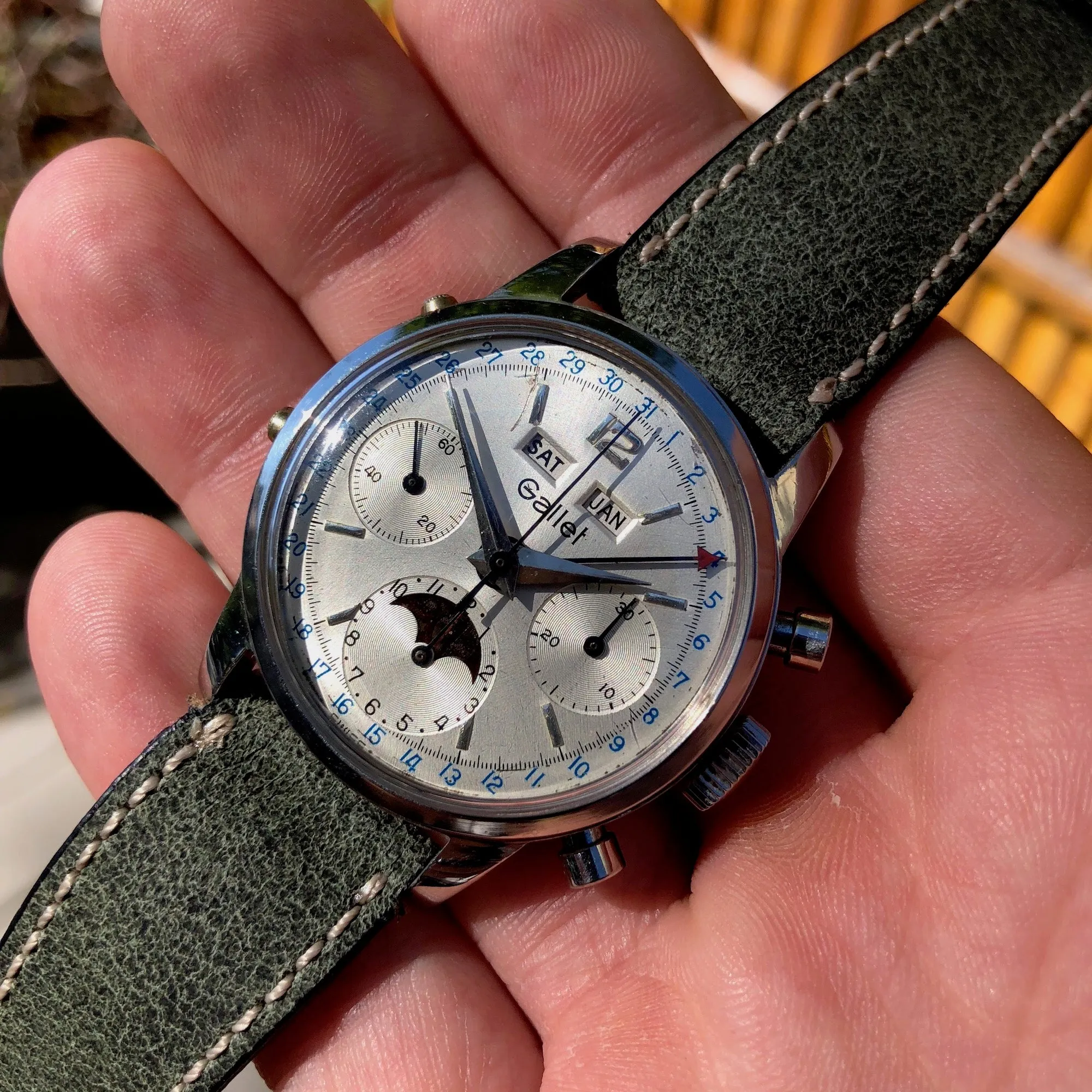 Vintage Gallet MultiChron Astronomic Steel Chronograph Valjoux 88 Triple Date Moonphase Wristwatch