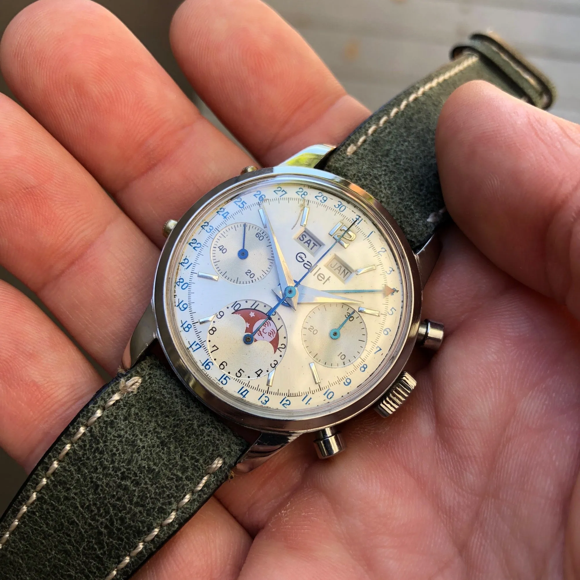 Vintage Gallet MultiChron Astronomic Steel Chronograph Valjoux 88 Triple Date Moonphase Wristwatch