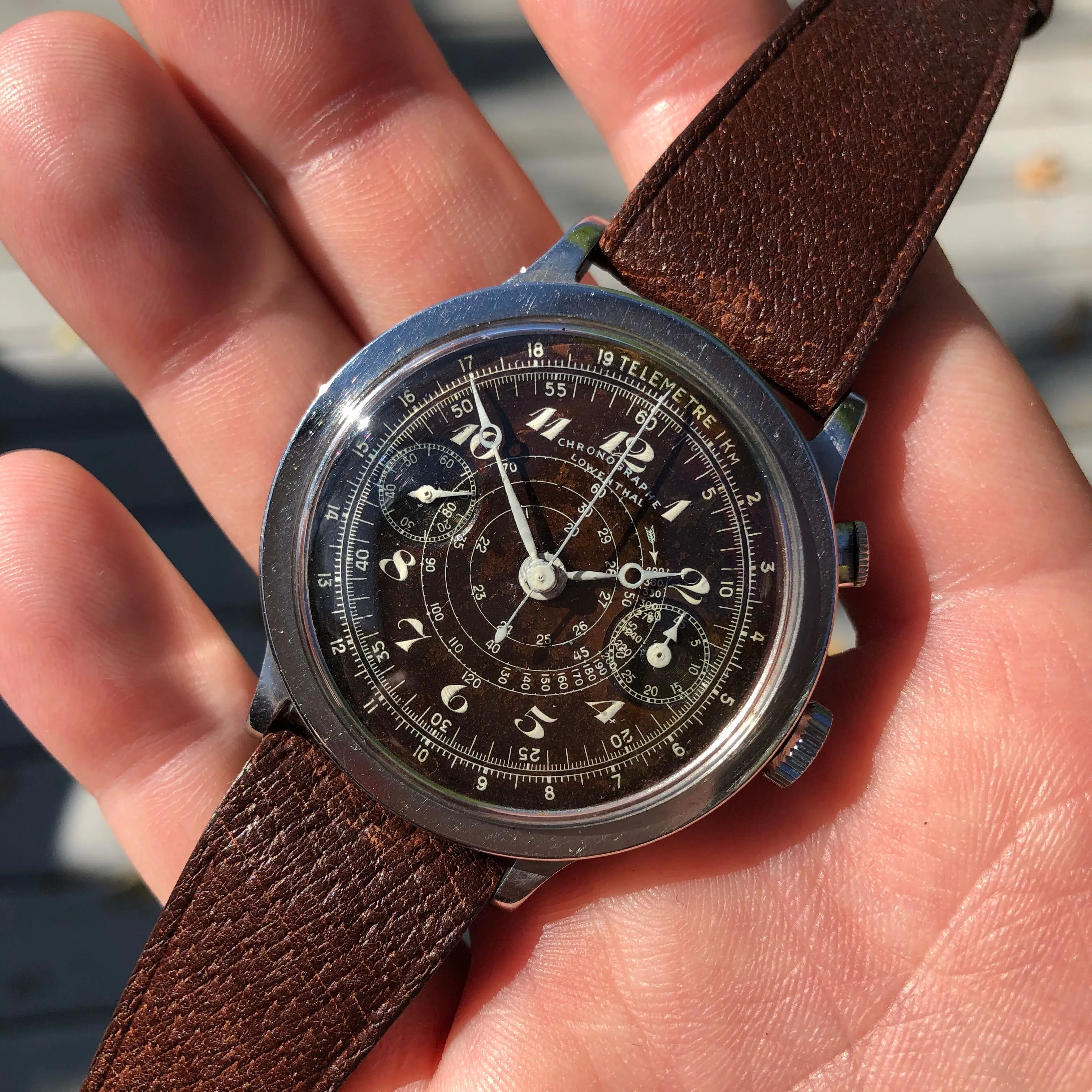 Vintage Lowenthal Single Button Chronograph Tropical Chocolate Manual Wind Wristwatch