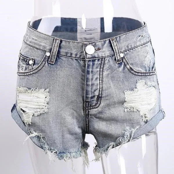 Vintage Ripped Hole Fringe Blue Denim Shorts