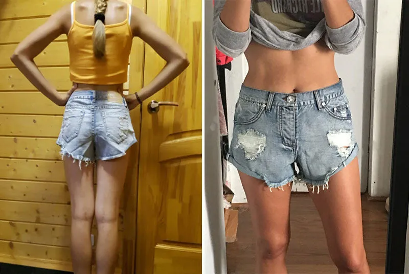 Vintage Ripped Hole Fringe Blue Denim Shorts