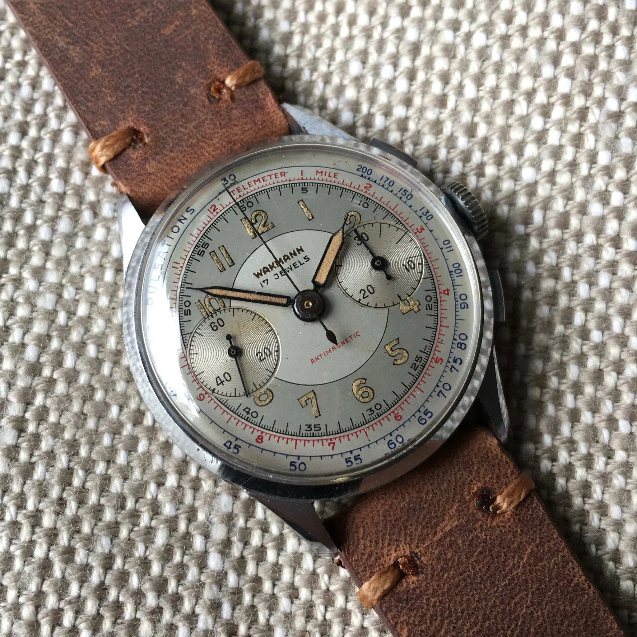 Vintage Wakmann Antimagnetic Pulsations Landeron 48 Chronograph Wristwatch