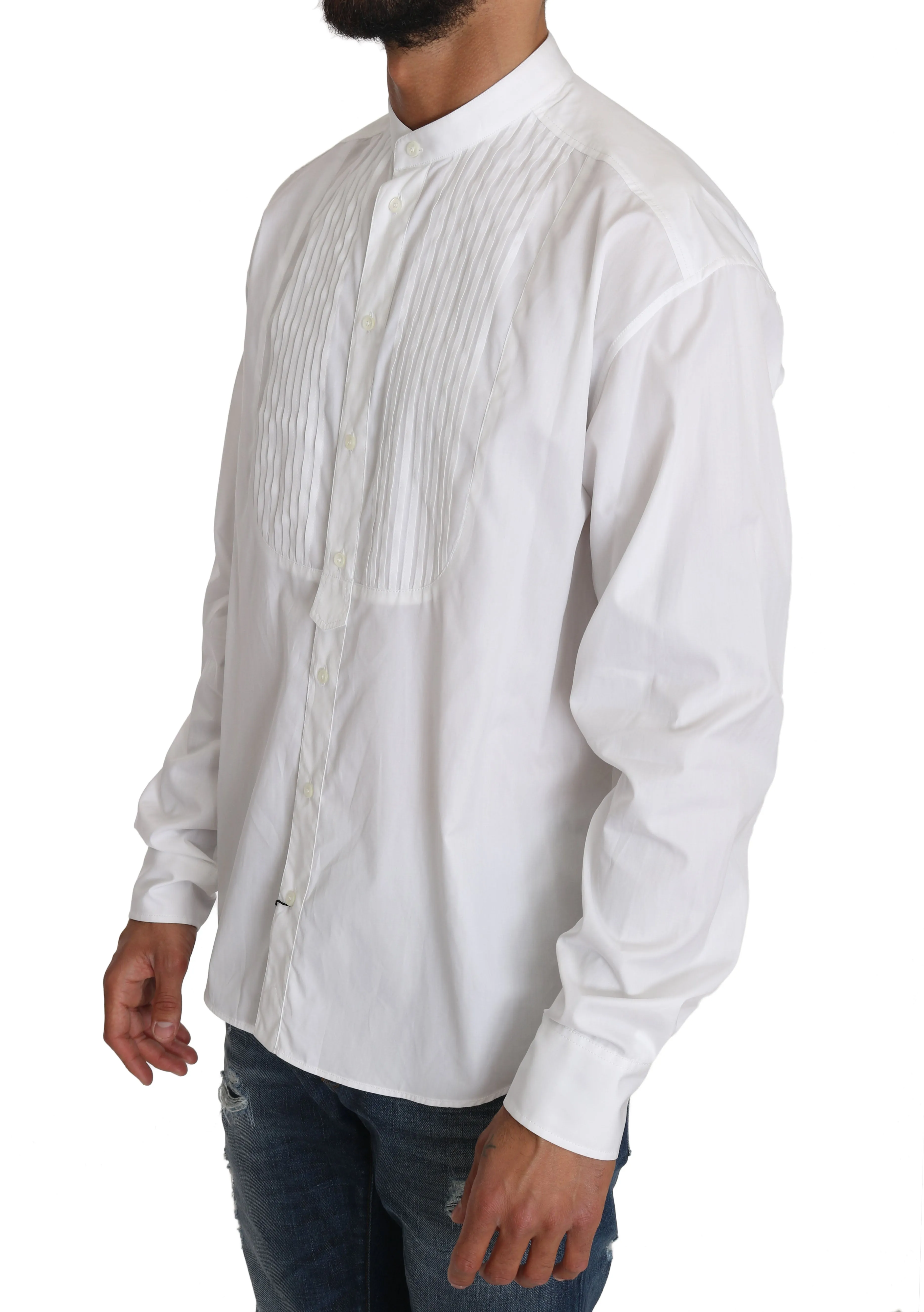 White Cotton Pleated Tuxedo Formal Shirt