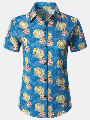 Women's Floral Print Blouse Flower Hawaiian Cotton Beach Summer Aloha Short Sleeve Shirt