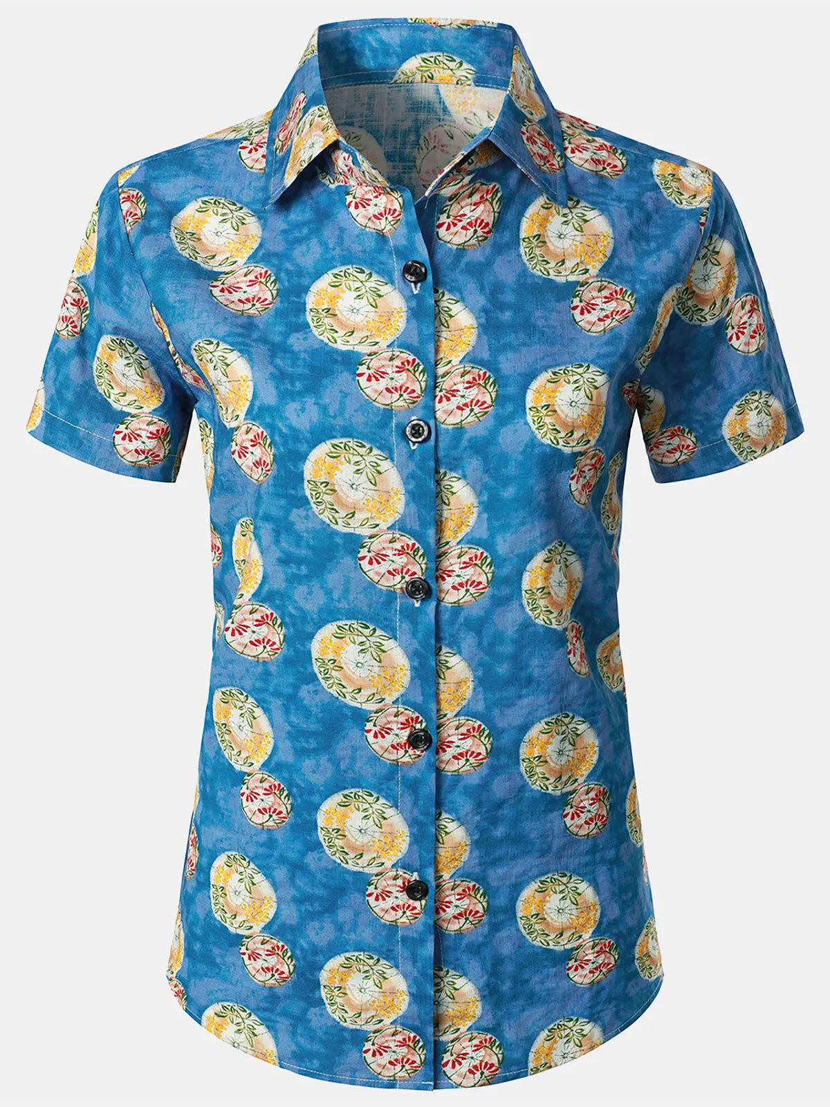Women's Floral Print Blouse Flower Hawaiian Cotton Beach Summer Aloha Short Sleeve Shirt
