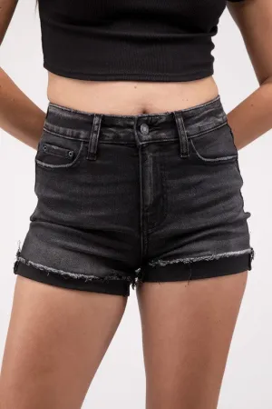 ZENANA Washed Black Cuffed Raw Hem Denim Shorts