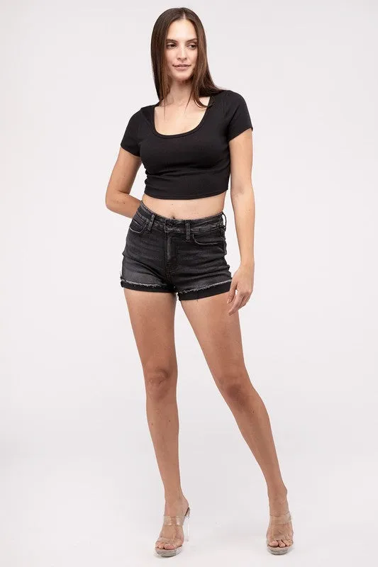 ZENANA Washed Black Cuffed Raw Hem Denim Shorts
