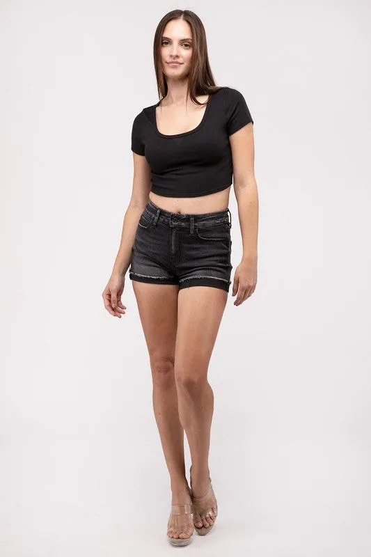 ZENANA Washed Black Cuffed Raw Hem Denim Shorts