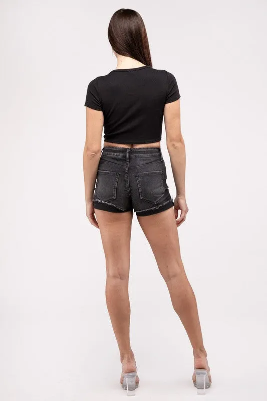 ZENANA Washed Black Cuffed Raw Hem Denim Shorts